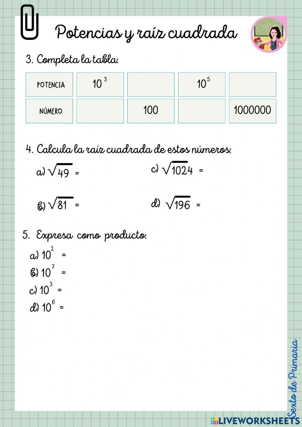 Potencias y raíz cuadrada