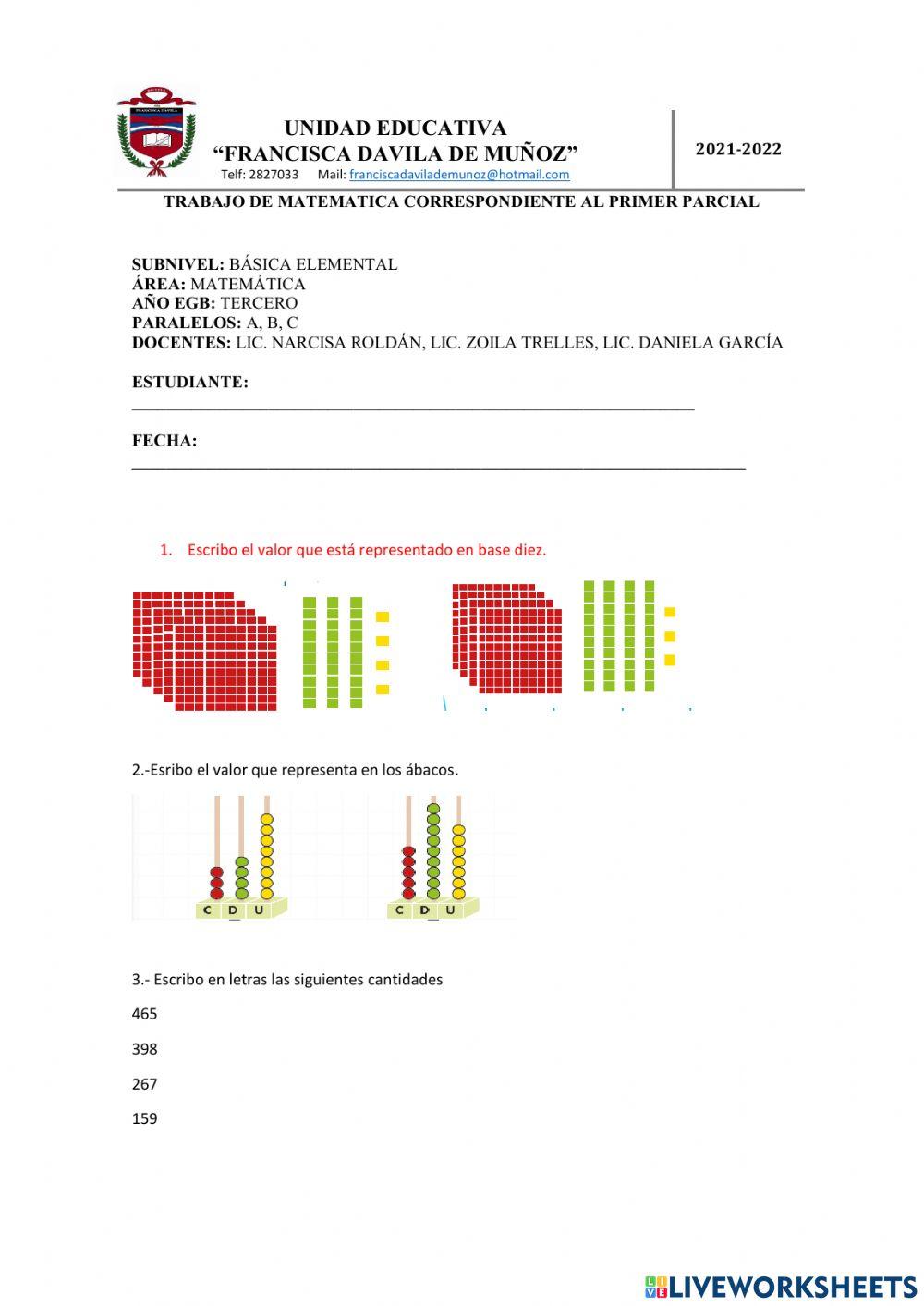 Evaluación Parcial 1 Matemáticas 