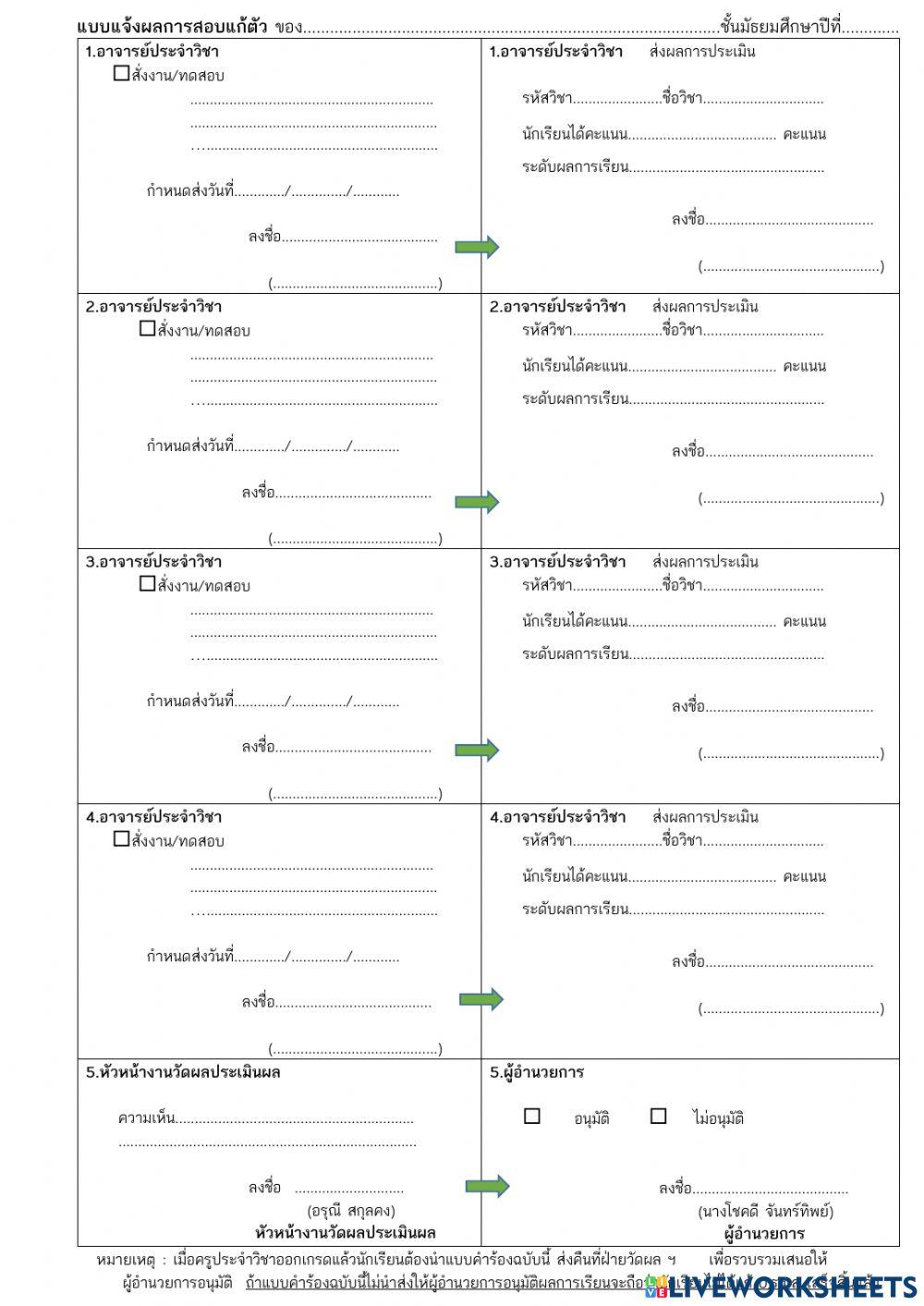 แบบแจ้งผลการสอบแก้ตัว โดยครูอรุณี สกุลคง