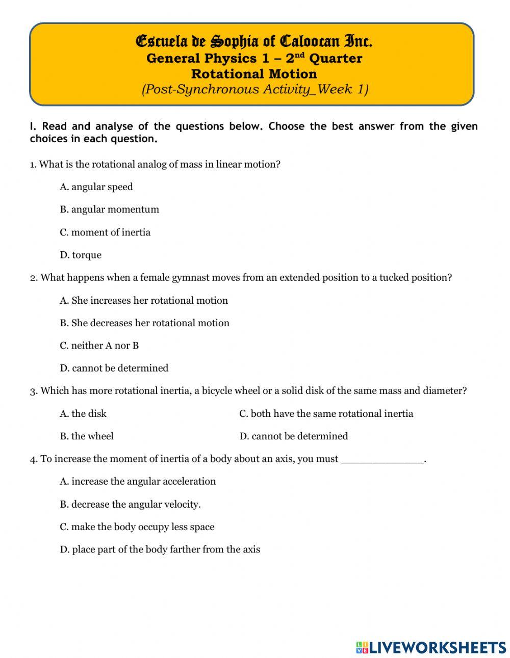 Rotational Motion Worksheet