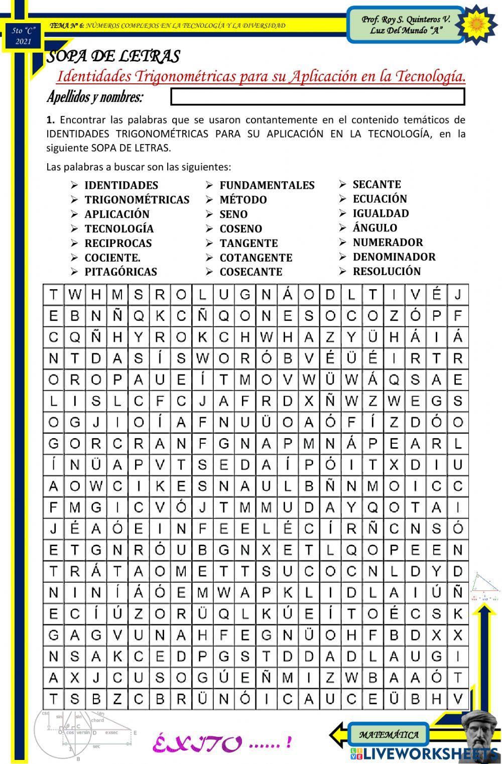 SOPA DE LETRAS : Identidades Trigonométricas