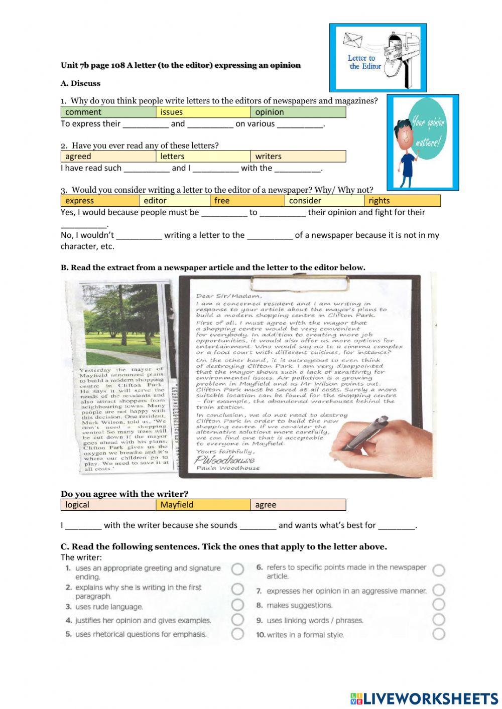 Unit 7b A letter (to the editor) expressing opinion