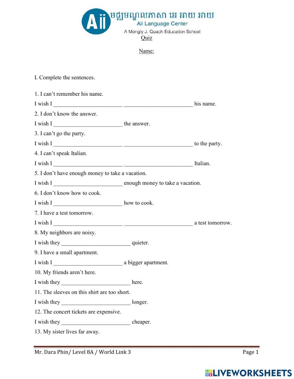 Wish + Simple past 1