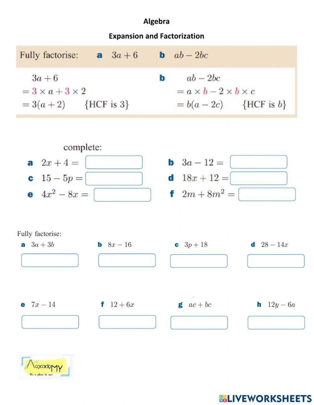 9th Grade Expansion and Factorisation A