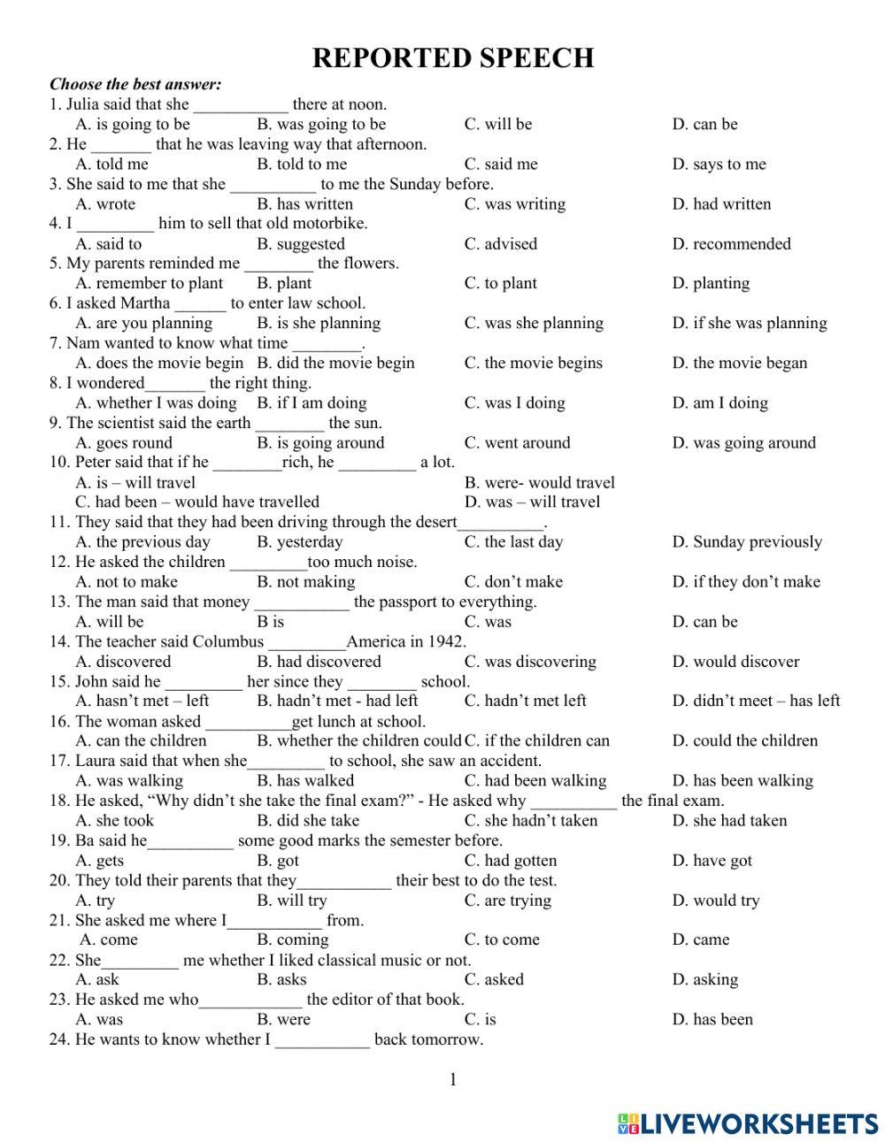 Reported Speech online exercise for 8 | Live Worksheets