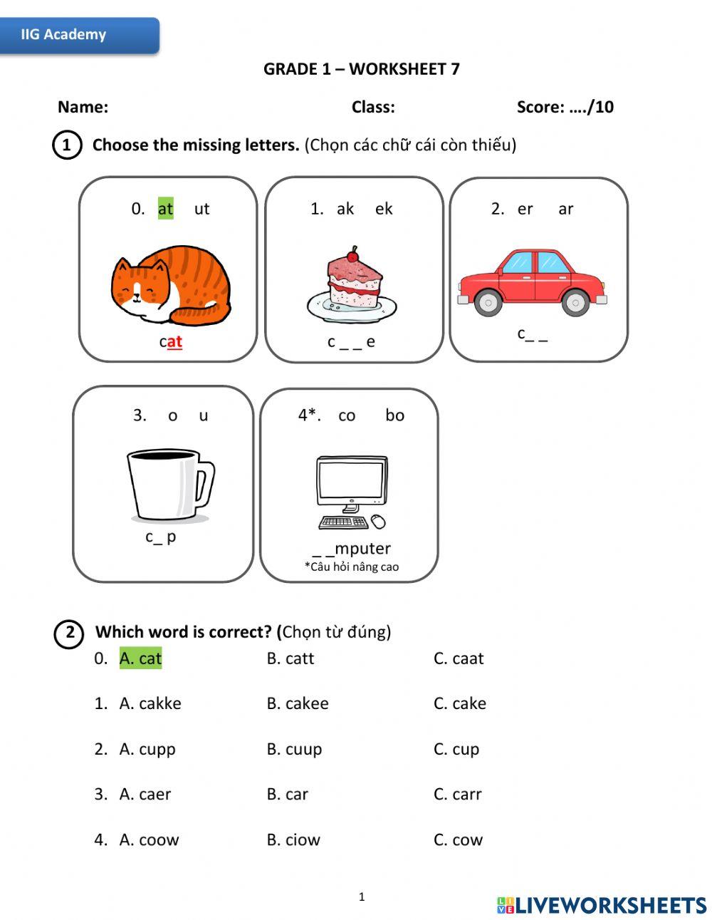 IIG-Grade 1-Worksheet 7