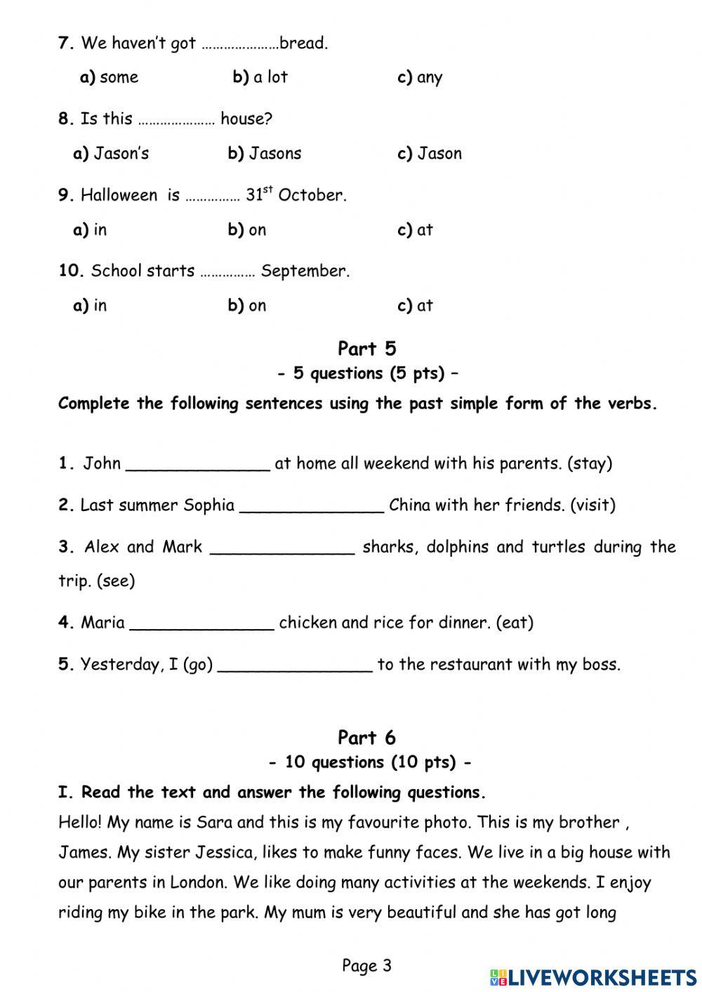 Pre 1 Final Reading Test