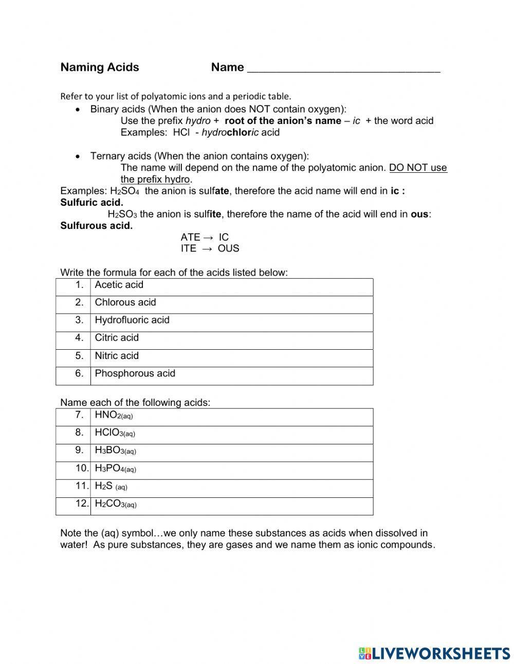 Naming Acids Worksheet Key