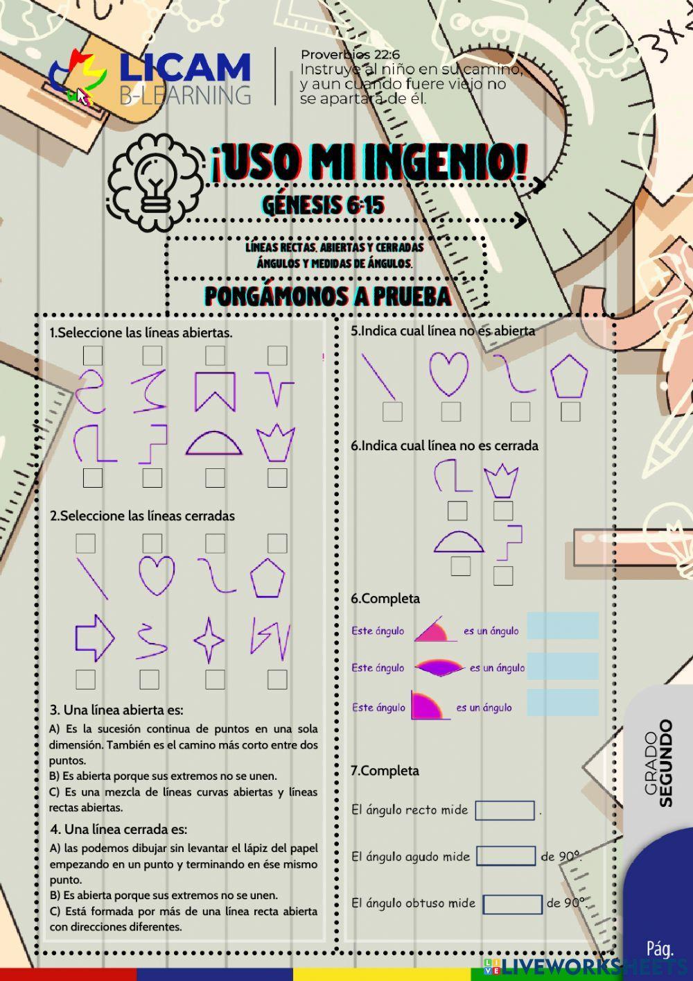 Líneas rectas, abiertas y cerradas ángulos y medidas de ángulos.