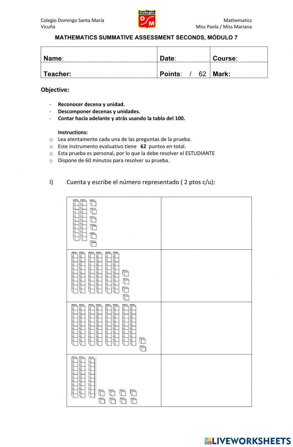 Evaluación matemática 2°a - módulo 7