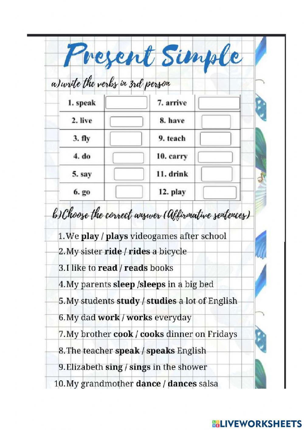 SIMPLE PRESENT LEVEL 1 online exercise for | Live Worksheets