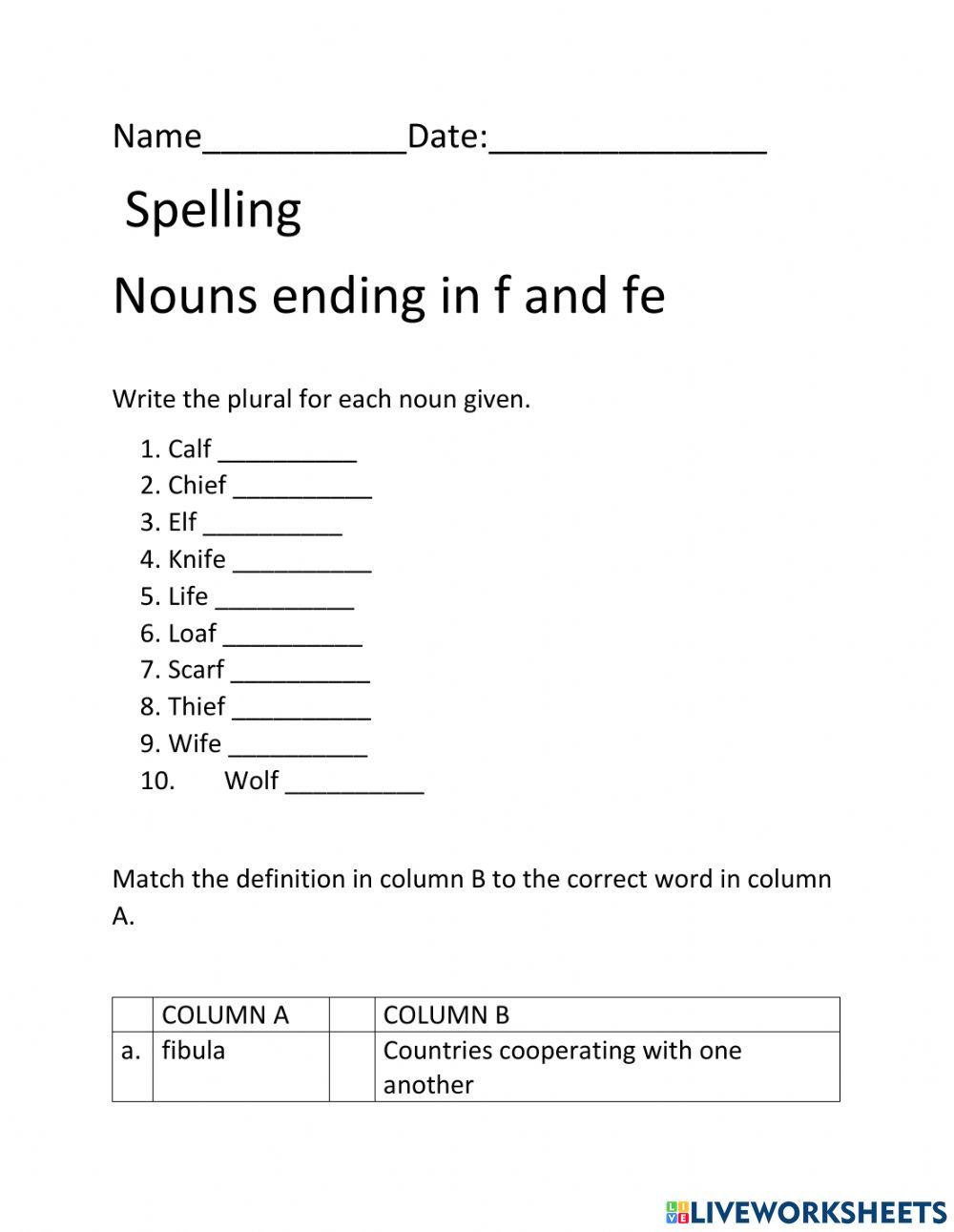 Nouns with f and fe Spelling and Vocabulary