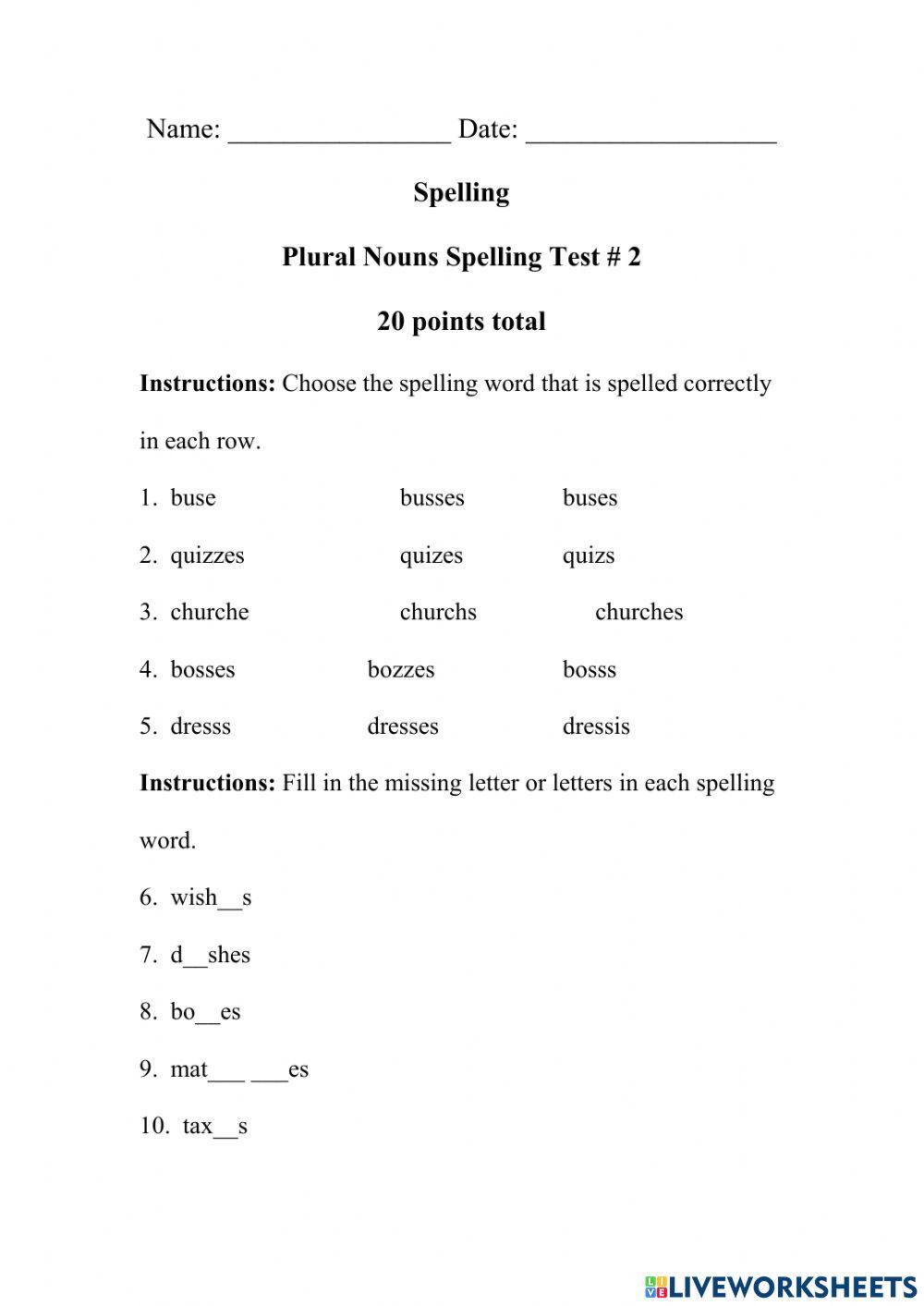 Plural Nouns Spelling Test