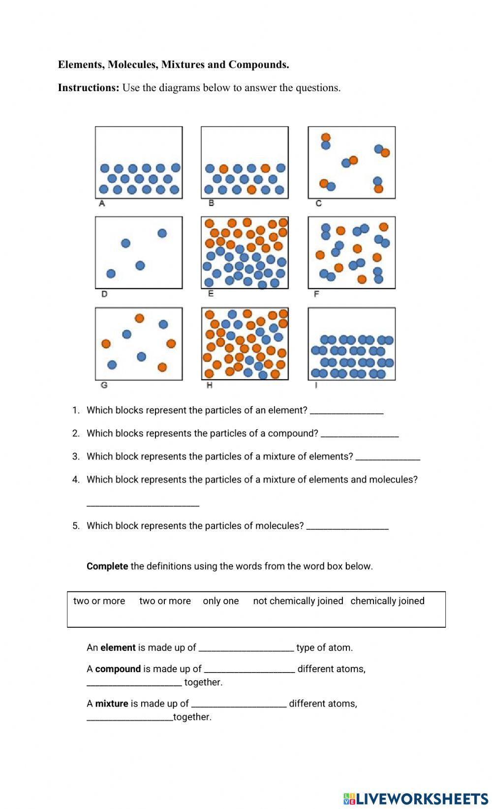 Elements, Molecules, Compounds and Mixtures Worksheet online exercise