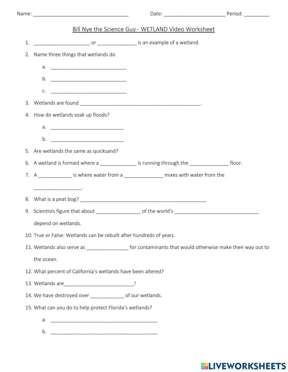 Bill Nye the Science Guy Wetlands online exercise for Live Worksheets