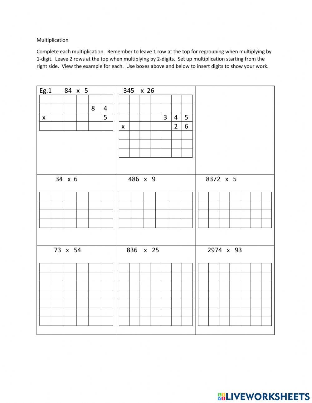Multiplying by 1 & 2 digits worksheet Live Worksheets