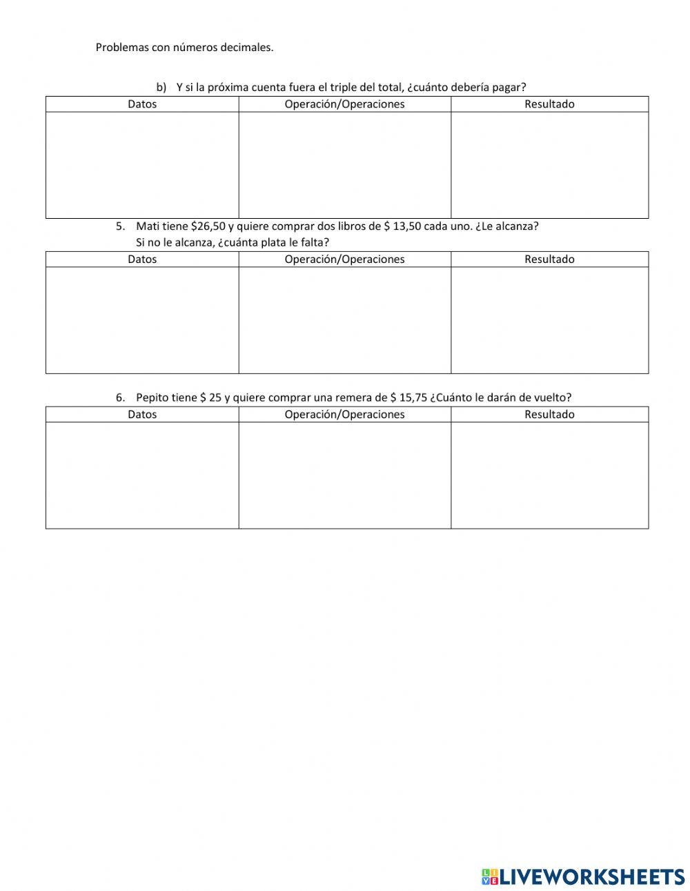Problemas con numeros decimales