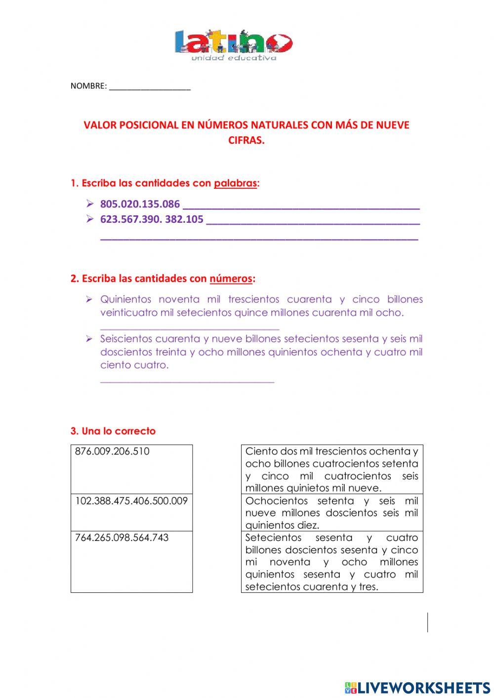 Escritura de cantidades de mas de nueve cifras