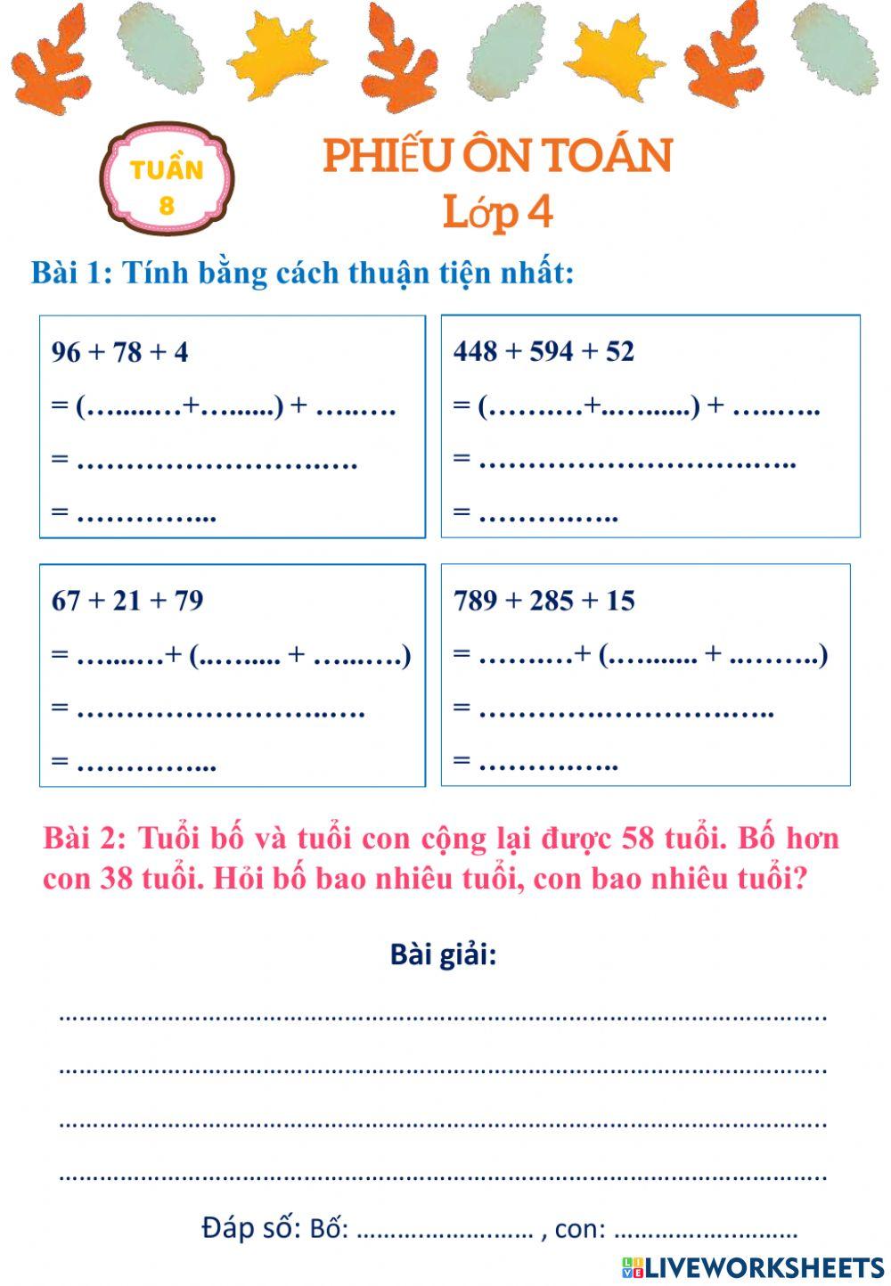 Toán 4-Tuần 8-Phiếu ôn toán tuần