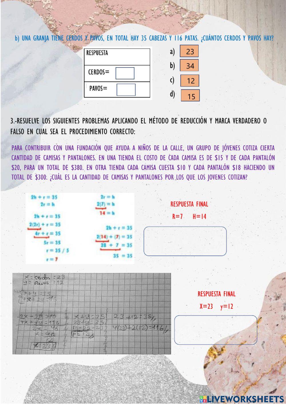 Problemas Ecuaciones 2x2 Método de Reducción