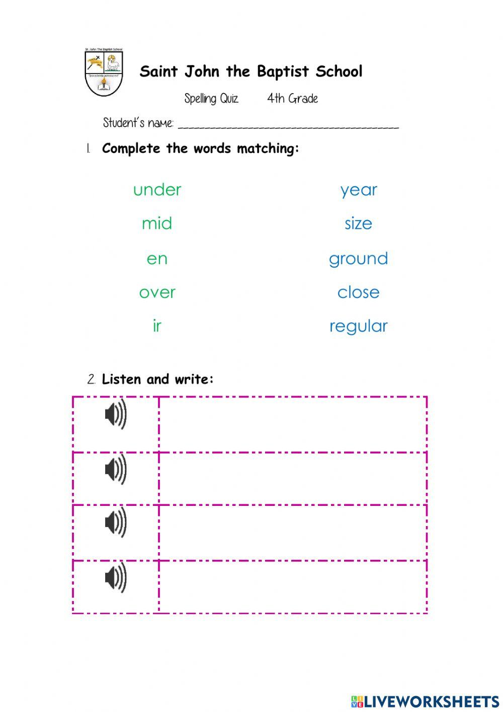 Spelling quiz online exercise for 4th live worksheets