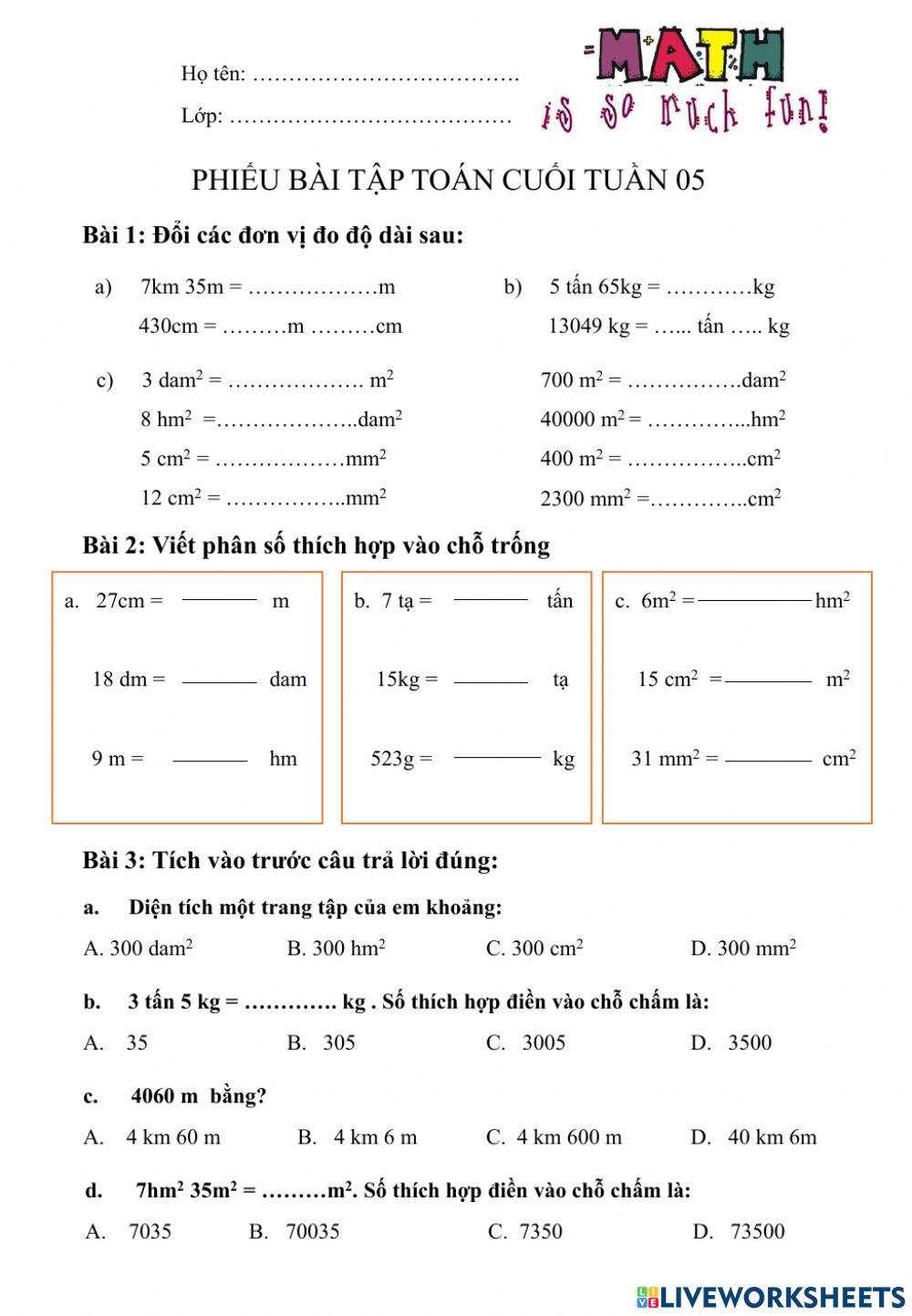 Toán 5 - Ôn tập cuối tuần 5