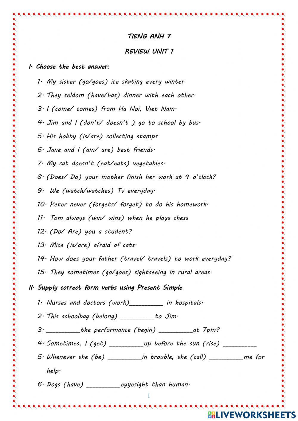 Tieng anh 7-test review unit 1