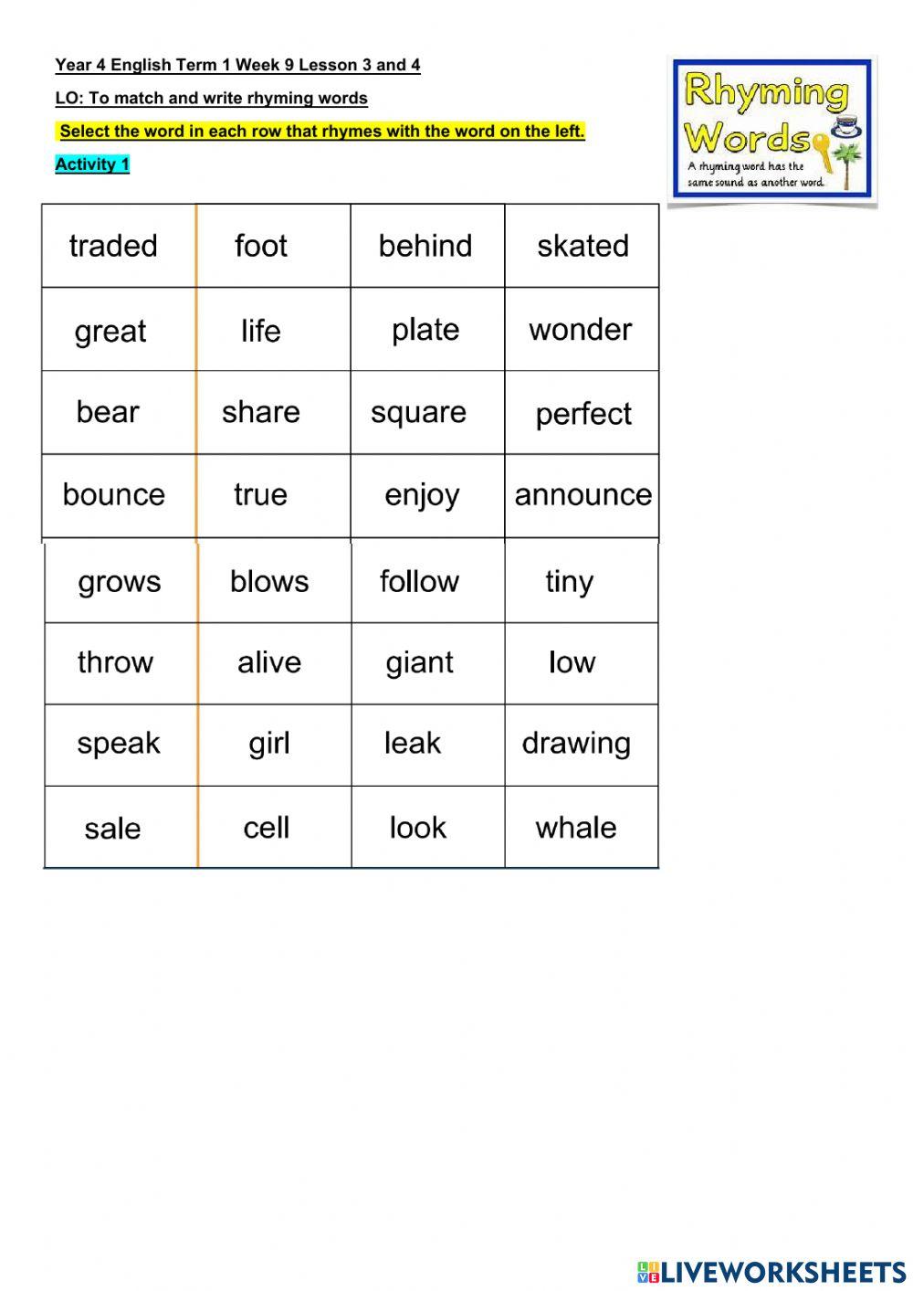 DIS English Term 1 Week 9 Lesson 3 and 4 Classwork