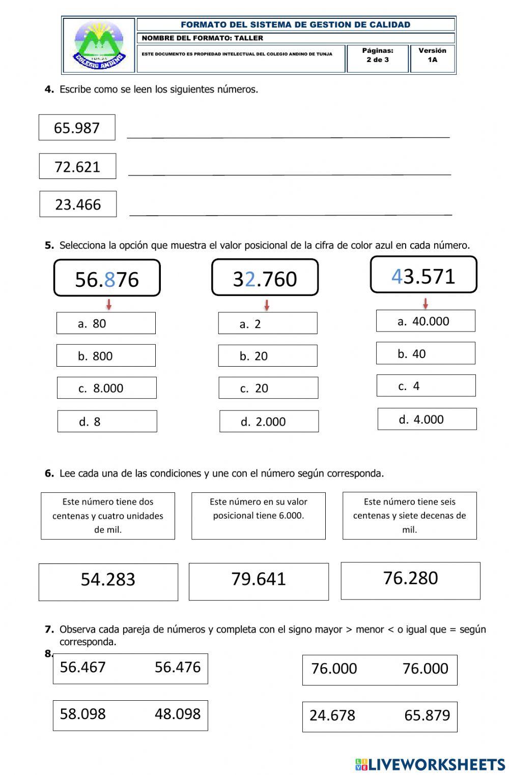 Taller de números de 5 cifras
