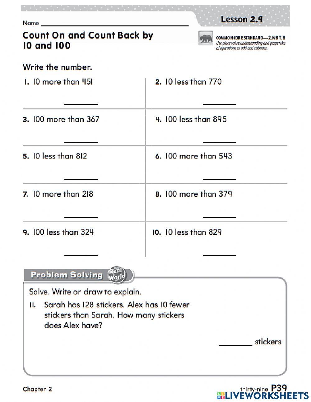 Count On and Count Back by 10 and 100 online exercise for Live Worksheets