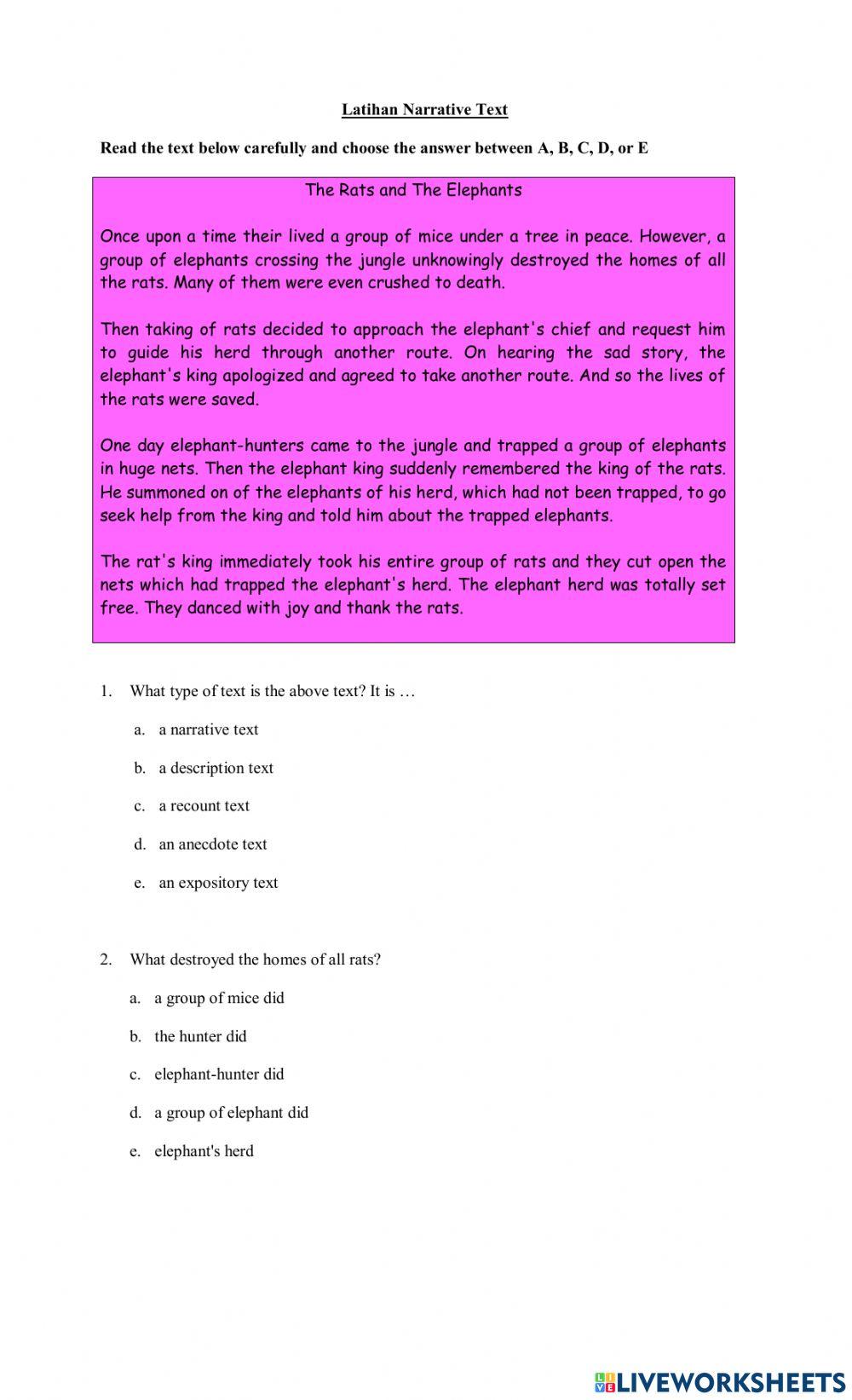 Narrative text exercise for 10 | Live Worksheets