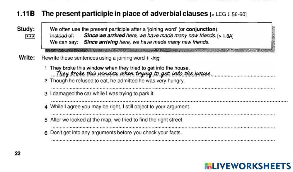 übungen Participle Clauses Instead Of Adverbial Clauses www.liveworksheets.com