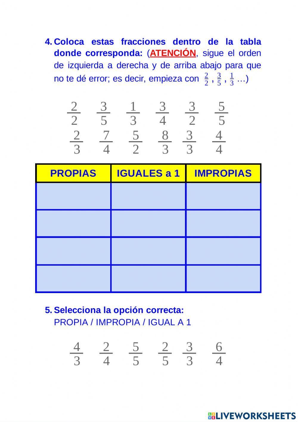 FRACCIONES PROPIAS, IMPROPIAS e IGUALES A 1