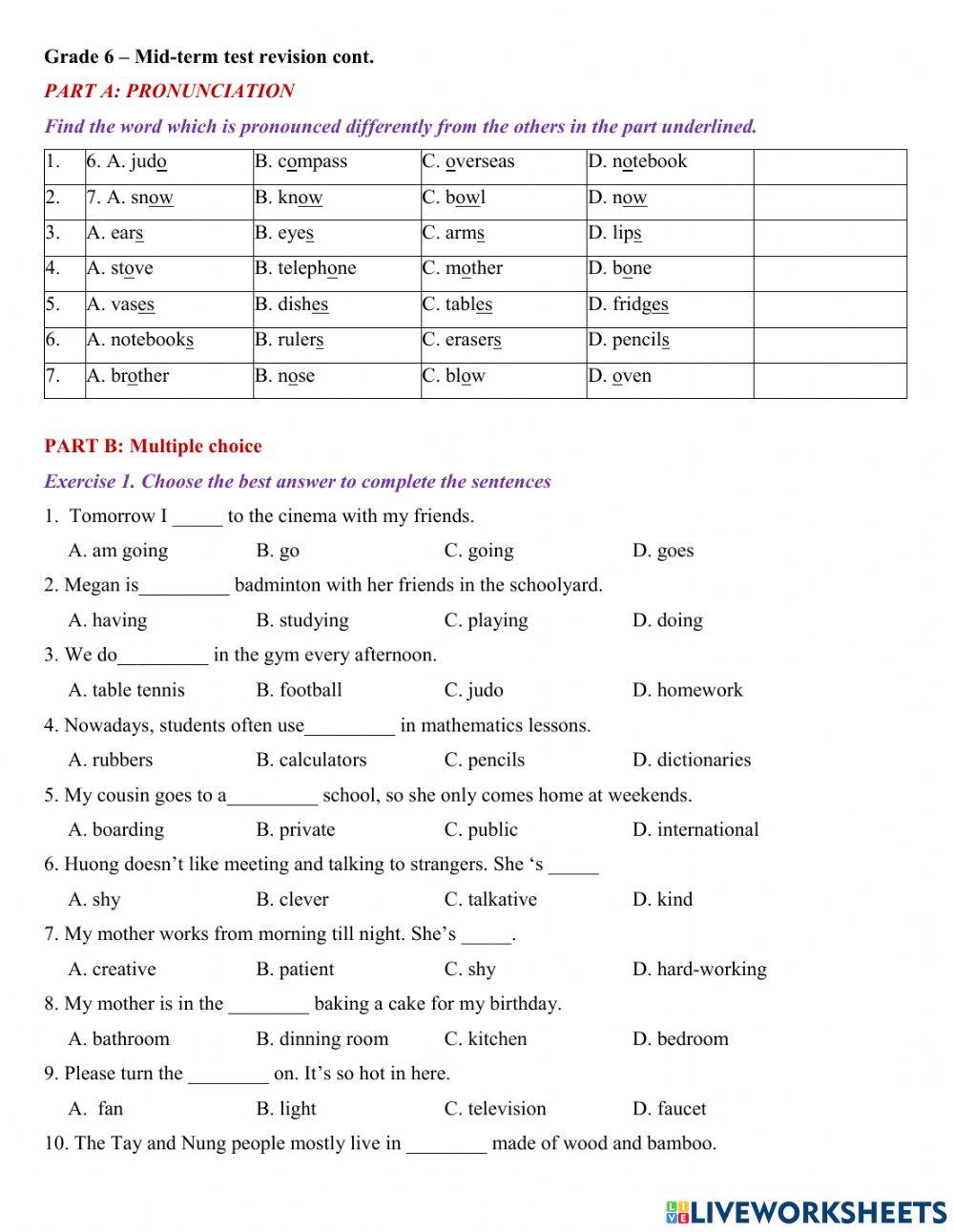 Grade 6 Mid-term test revision cont.3