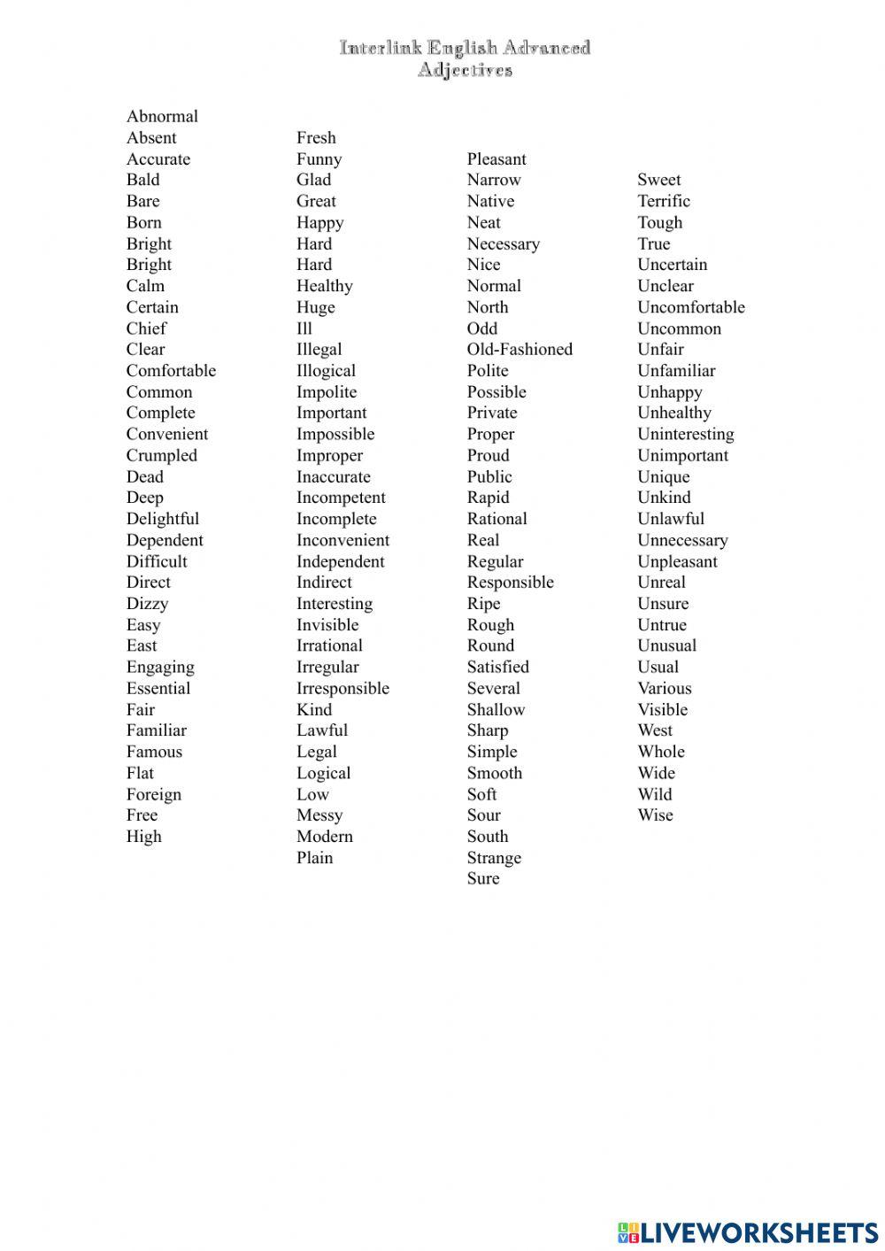 Interlink Adjectives Vocab