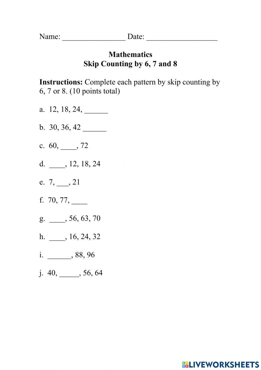 Skip Counting by 6 7 and 8