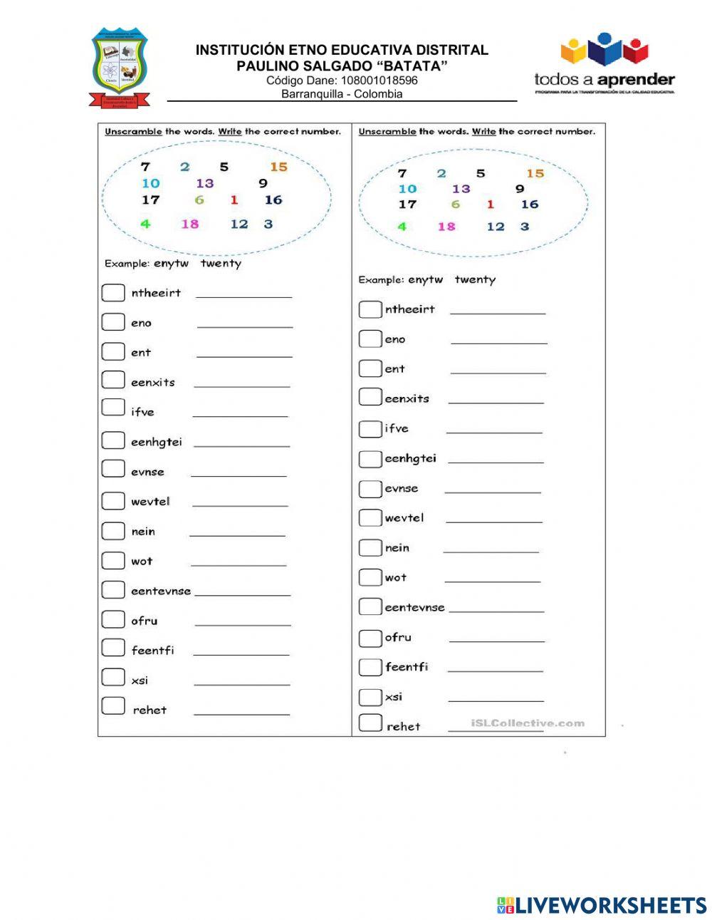 Actividad de números y colores