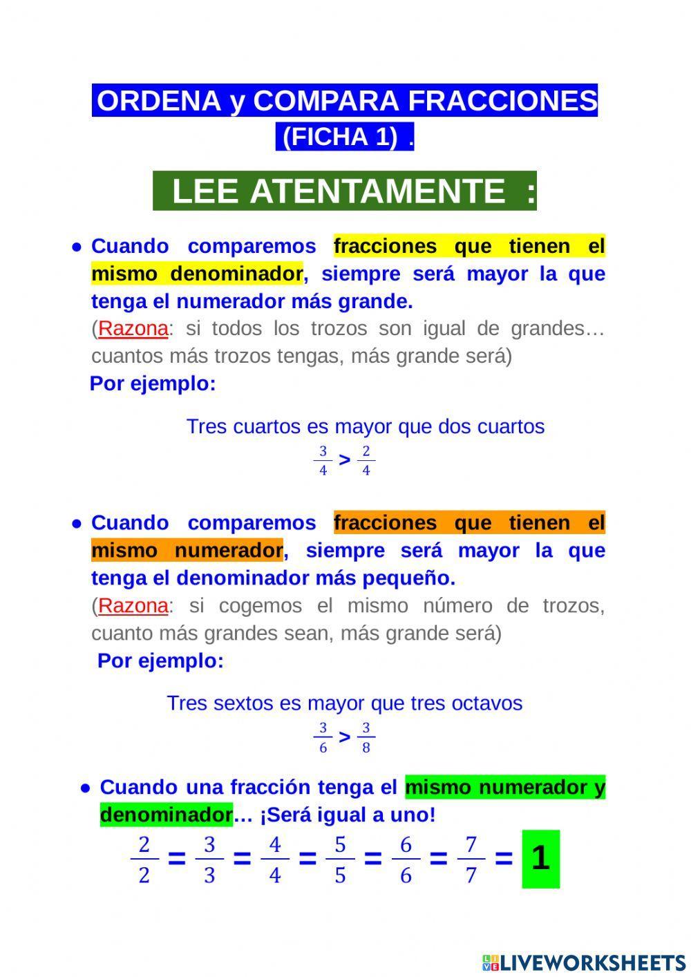 COMPARAR y ORDENAR FRACCIONES