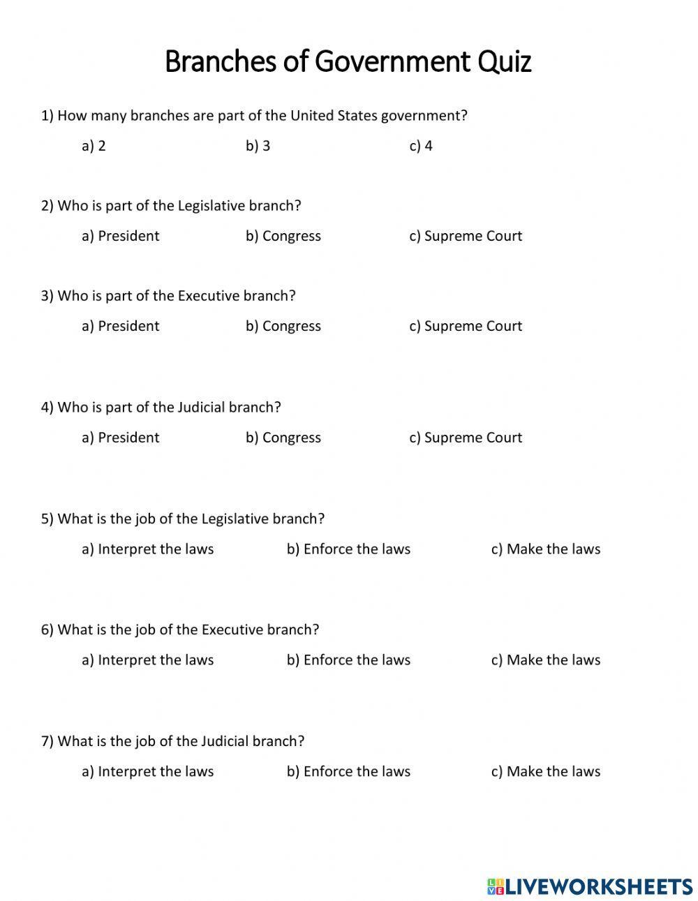 Branches of Government Quiz