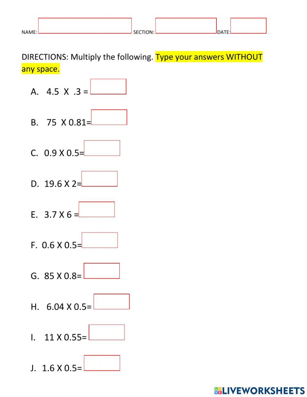 Multiplication of decimals