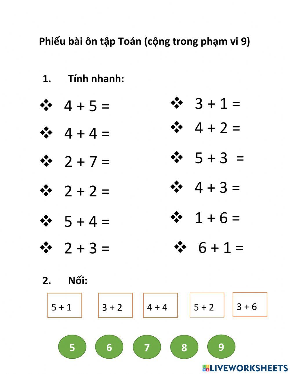 Bài ôn tập cộng phạm vi 9