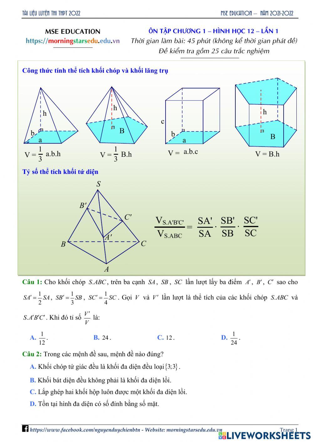 Hình học 12 - Ôn tập chương 1 - Lần 1
