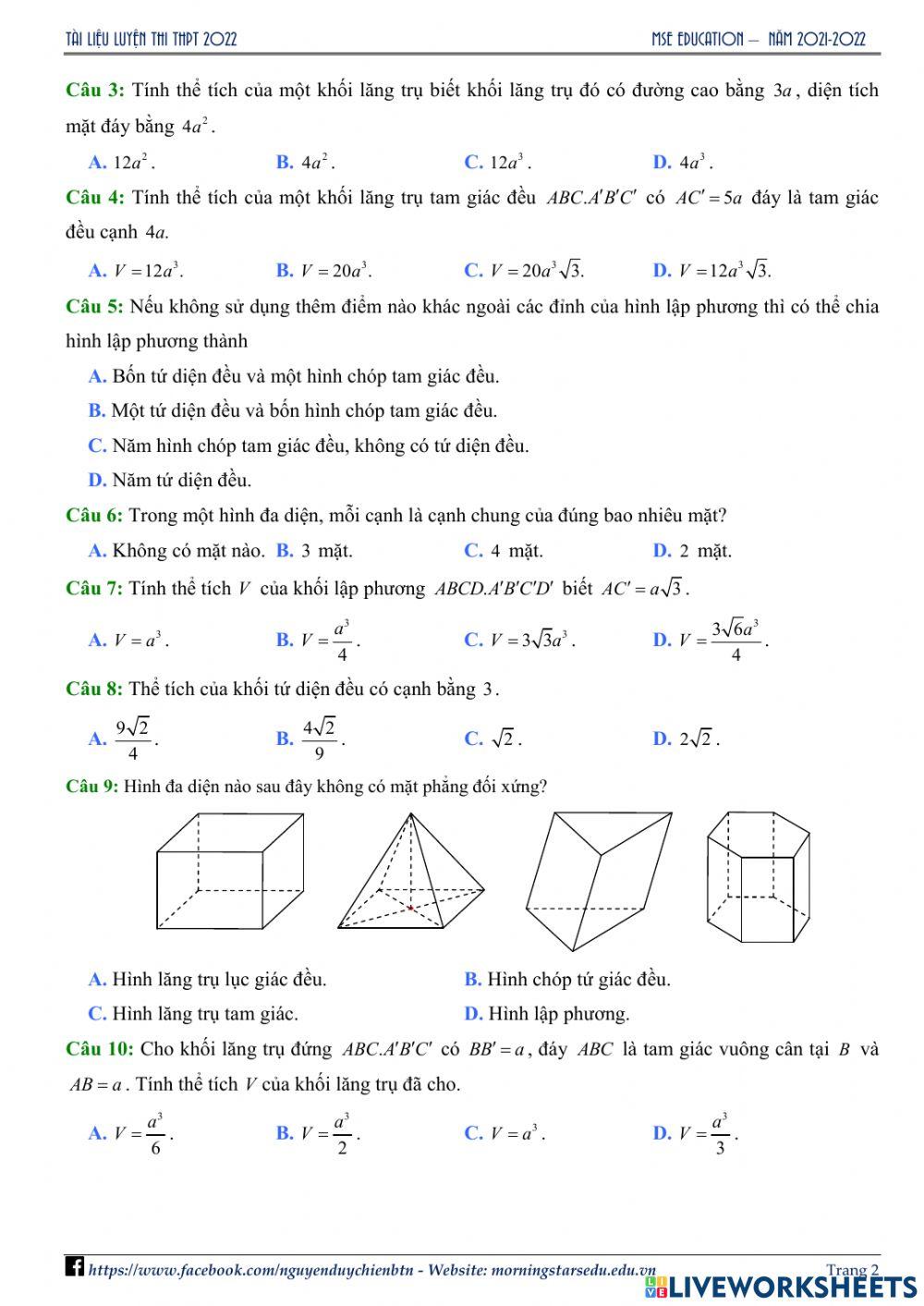 Hình học 12 - Ôn tập chương 1 - Lần 1