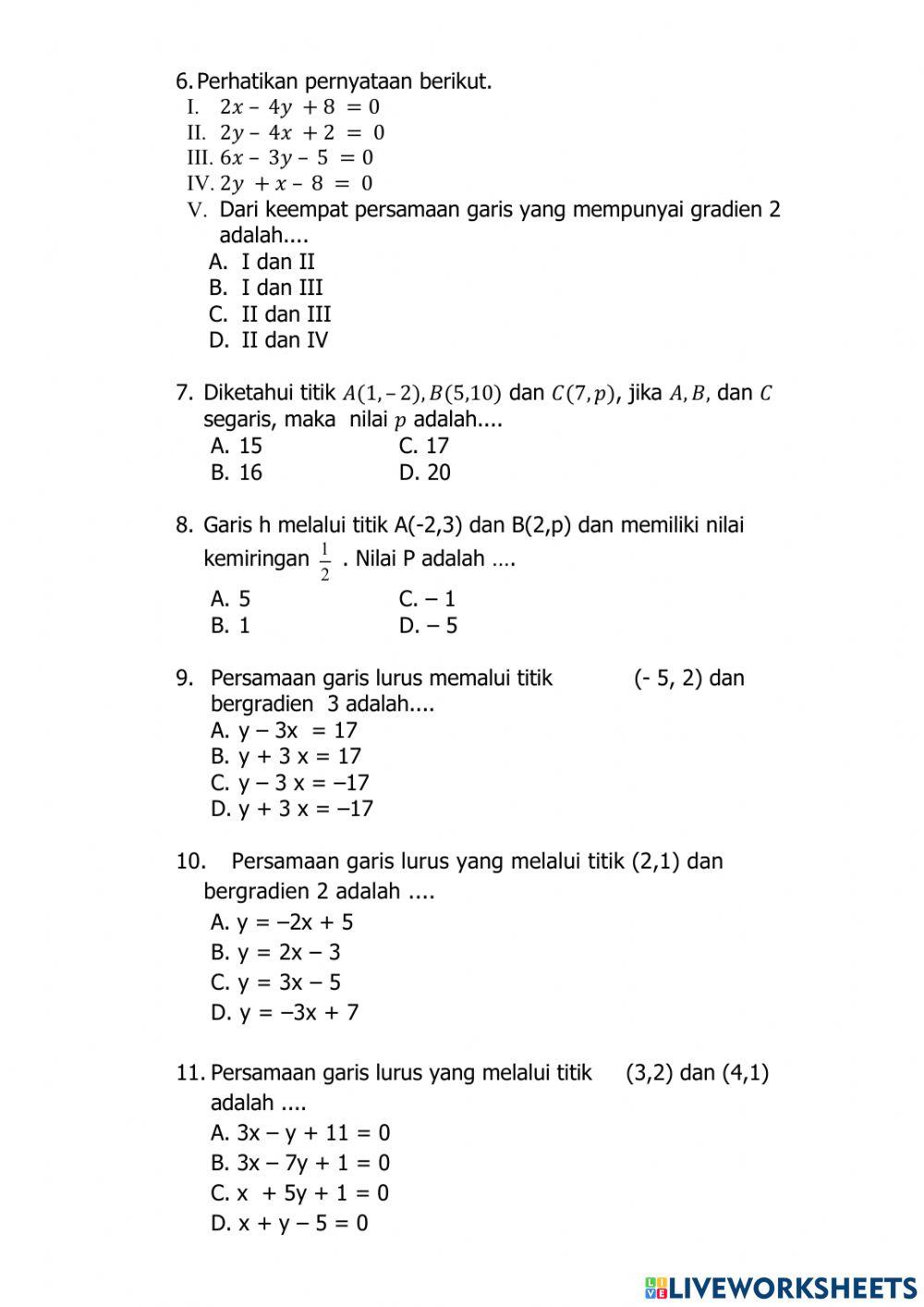 Latihan persamaan garis lurus