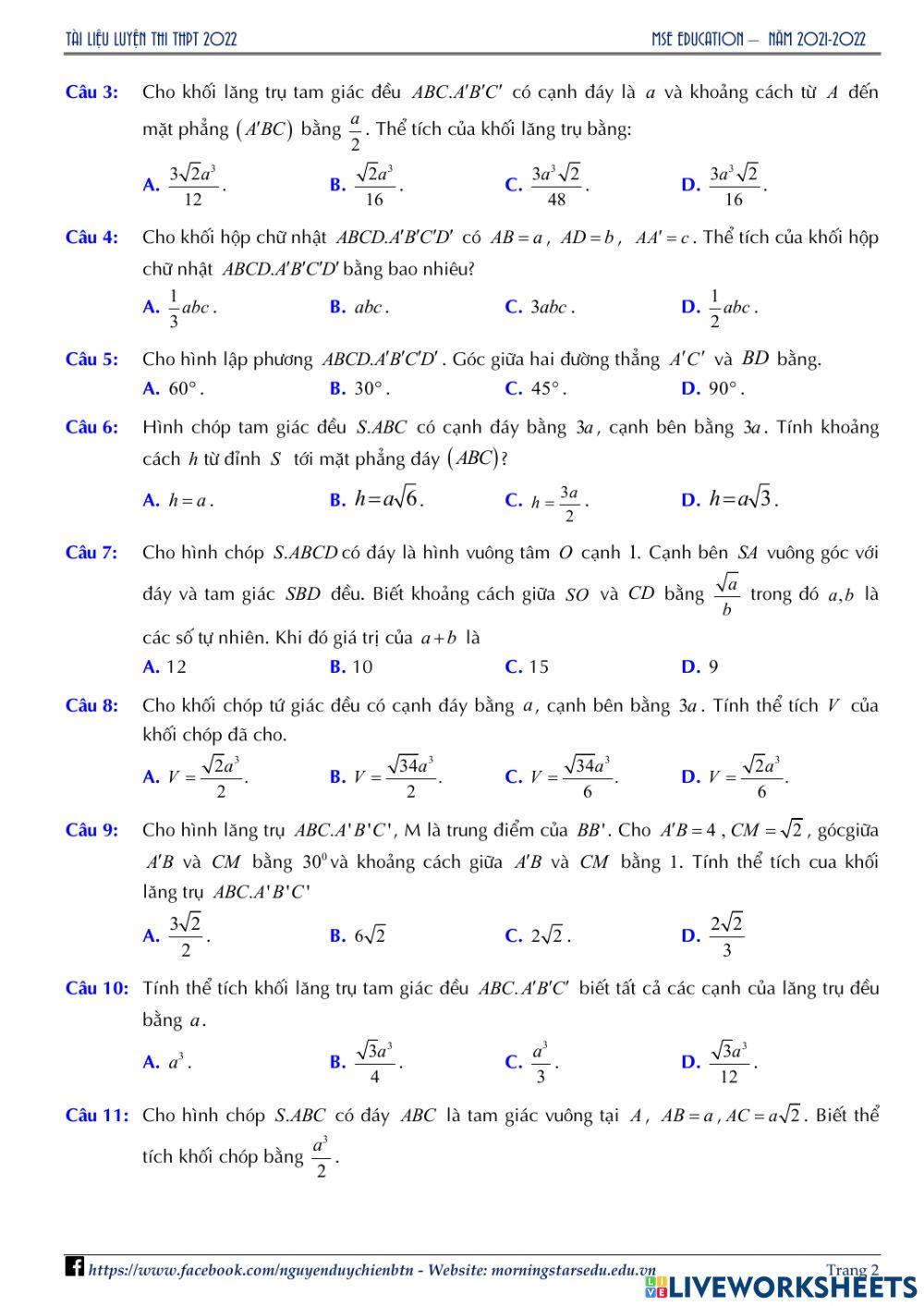 Hình học 12 - Đề ôn tập Chương 1 - Lần 3