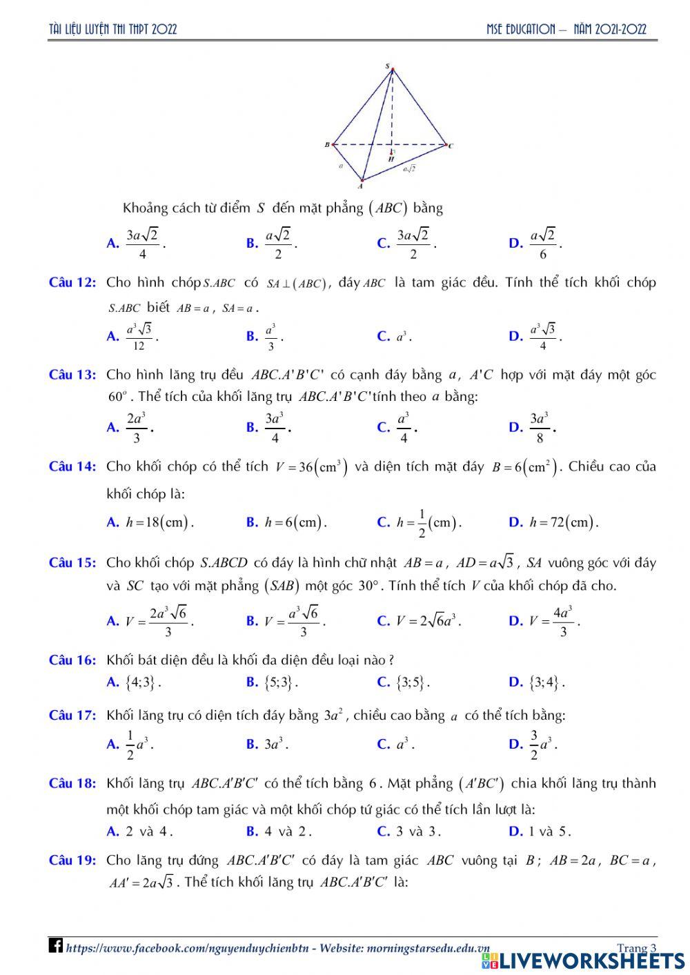 Hình học 12 - Đề ôn tập Chương 1 - Lần 3