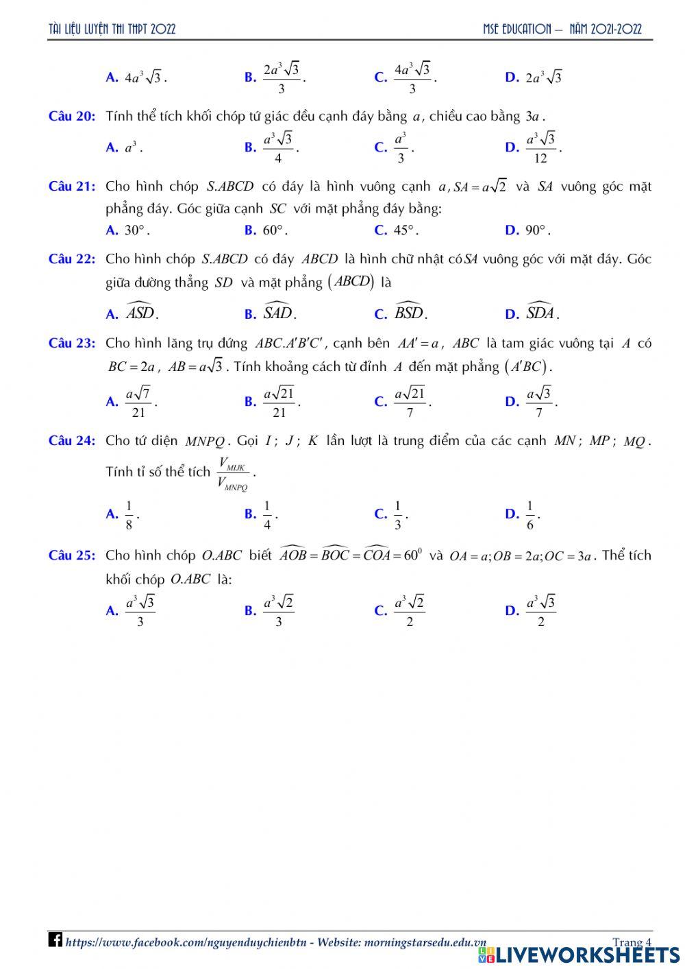 Hình học 12 - Đề ôn tập Chương 1 - Lần 3