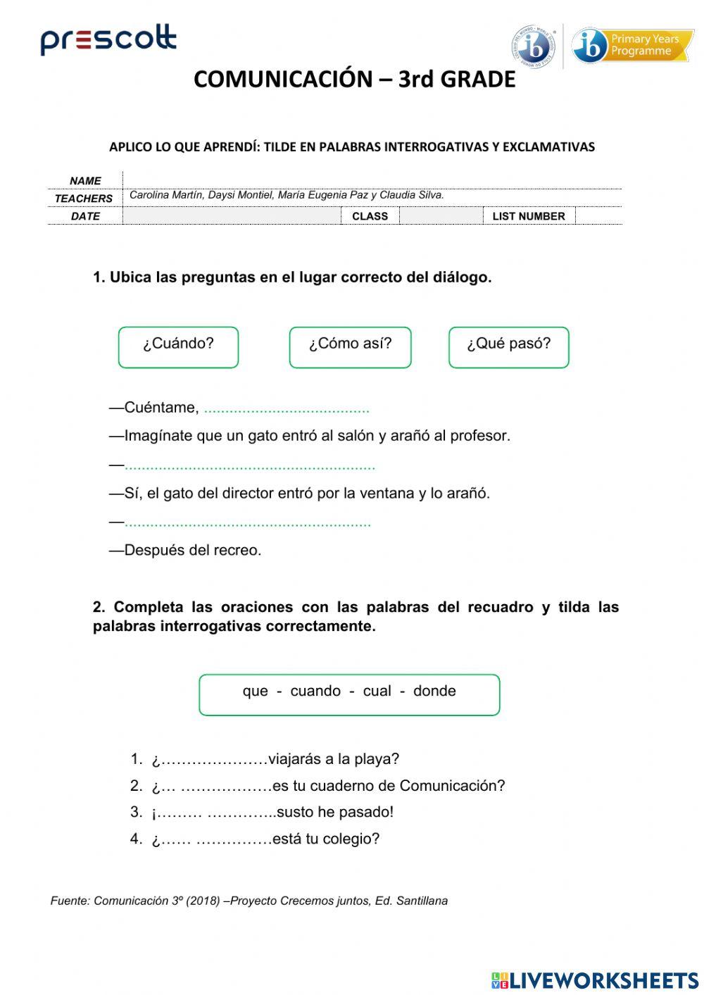 Tilde en palabras interrogativas ye xclamativas worksheet Live Worksheets