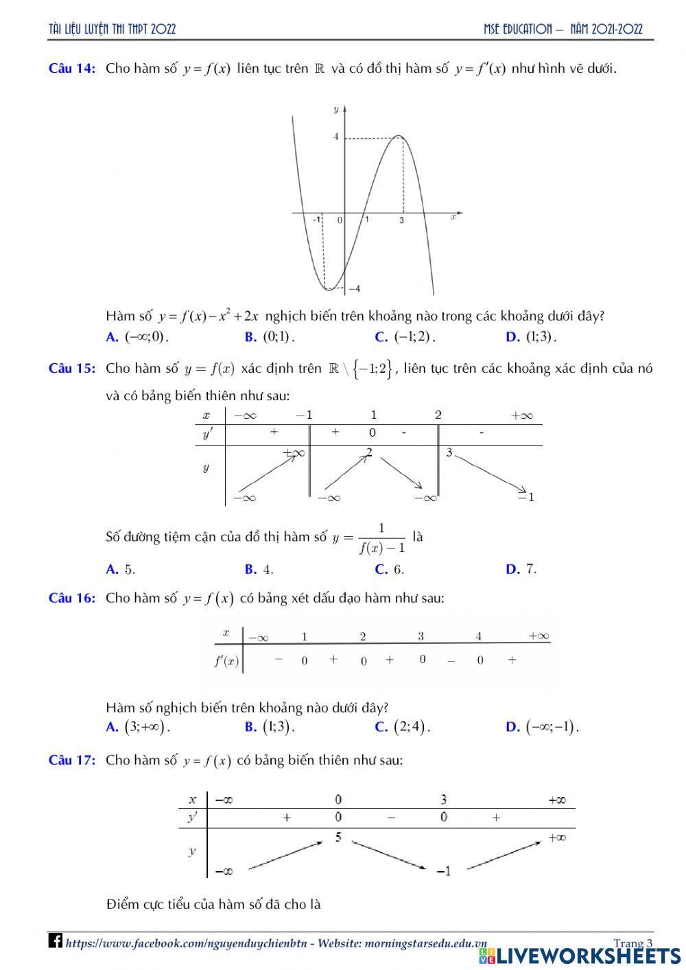 Giải tích 12 - Đề Ôn tập Chương 1 - Lần 3