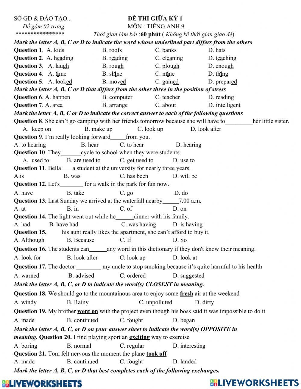 Grade 9A- Review Test worksheet | Live Worksheets